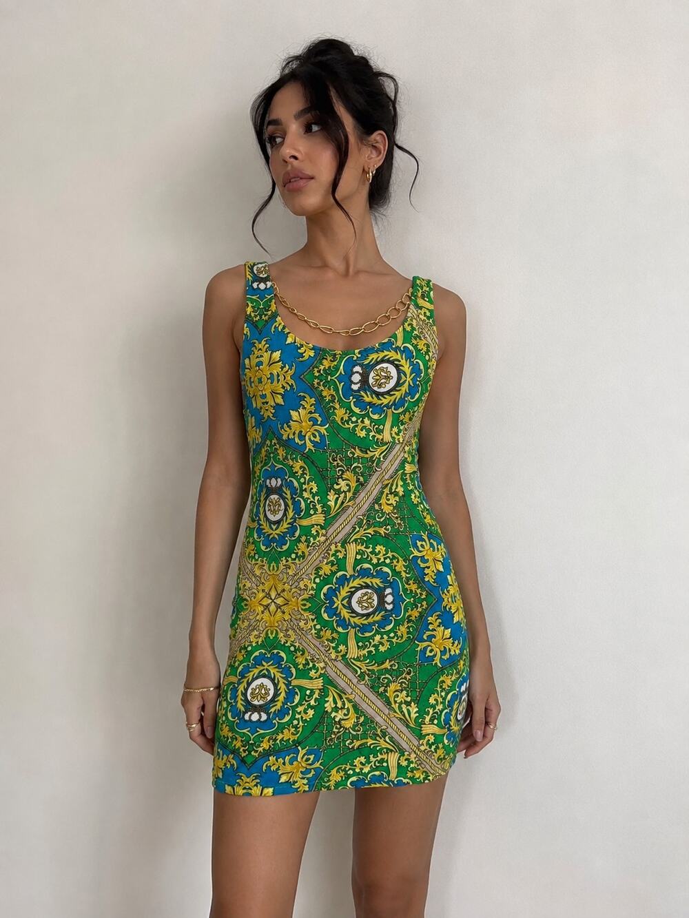 Vintage Arden B. Green Mini Dress Gold Chain Accent Women's M Y2K